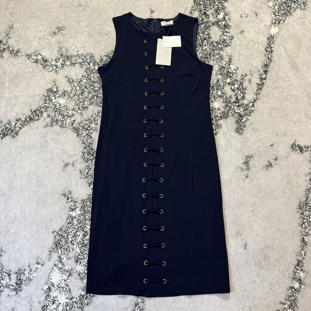 Carmen Marc Valvo Dress Womens Size M Navy Blue Lace up Grommet Trim Sheath